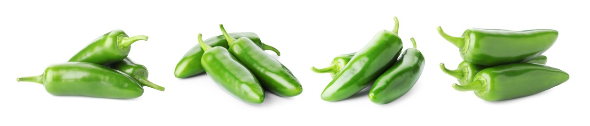 Image of Fresh green jalapeno peppers isolated on white, set