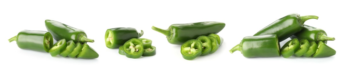 Image of Fresh green jalapeno peppers isolated on white, set
