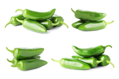 Image of Fresh green jalapeno peppers isolated on white, set