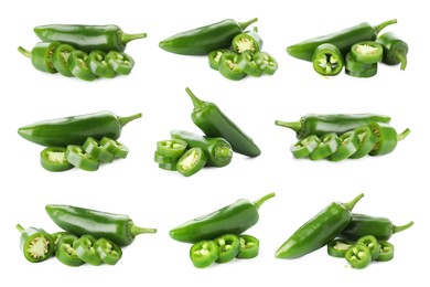 Image of Fresh green jalapeno peppers isolated on white, set