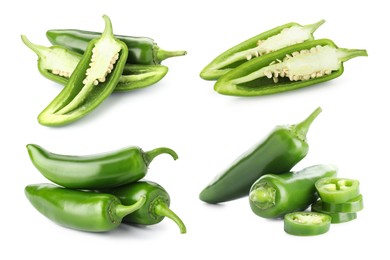 Image of Fresh green jalapeno peppers isolated on white, set