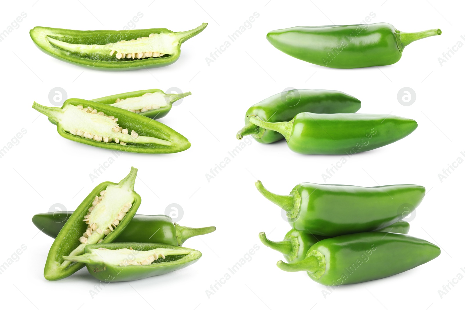 Image of Fresh green jalapeno peppers isolated on white, set