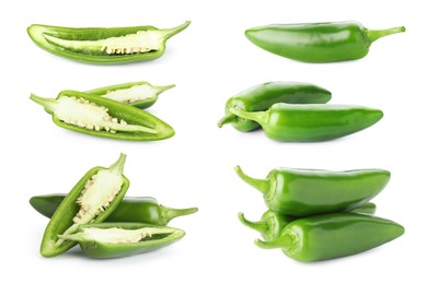 Image of Fresh green jalapeno peppers isolated on white, set
