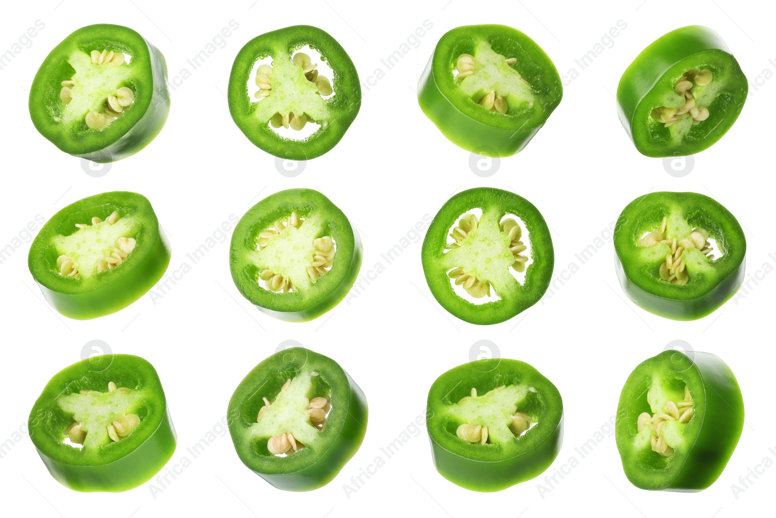 Image of Jalapeno pepper slices isolated on white, set