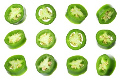 Image of Jalapeno pepper slices isolated on white, set