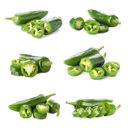 Image of Fresh green jalapeno peppers isolated on white, set
