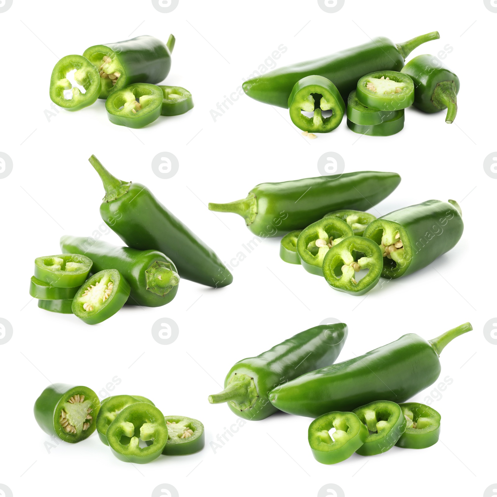 Image of Fresh green jalapeno peppers isolated on white, set