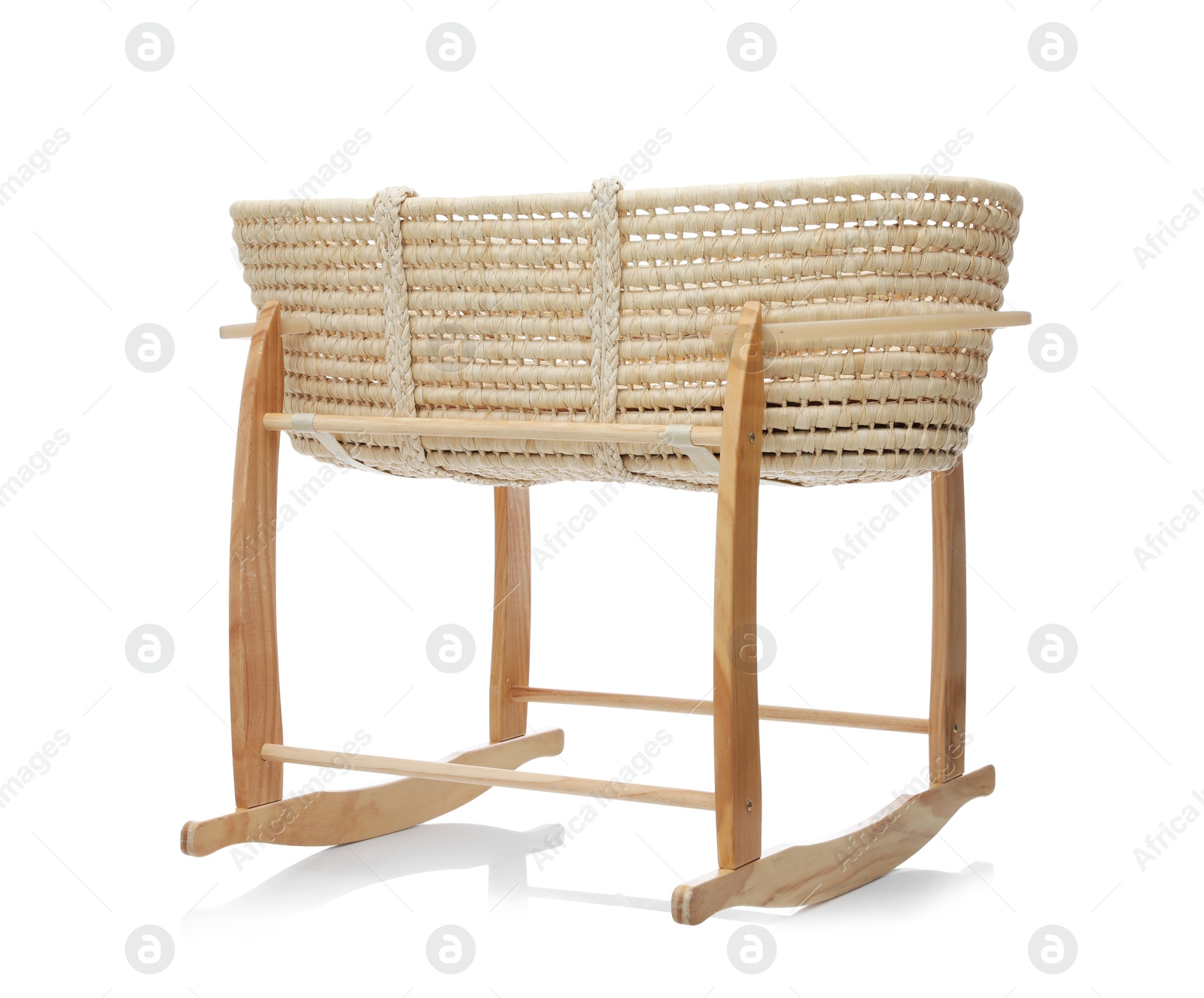 Photo of Wicker crib on white background. Interior element