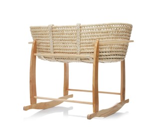 Photo of Wicker crib on white background. Interior element