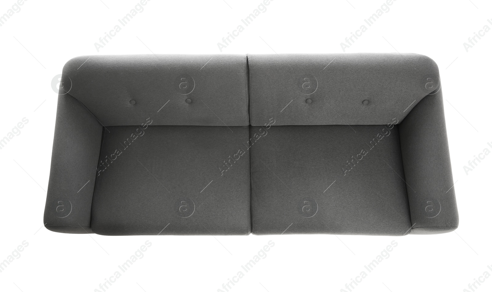 Photo of Comfortable grey sofa on white background, top view. Furniture for living room interior
