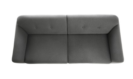 Photo of Comfortable grey sofa on white background, top view. Furniture for living room interior