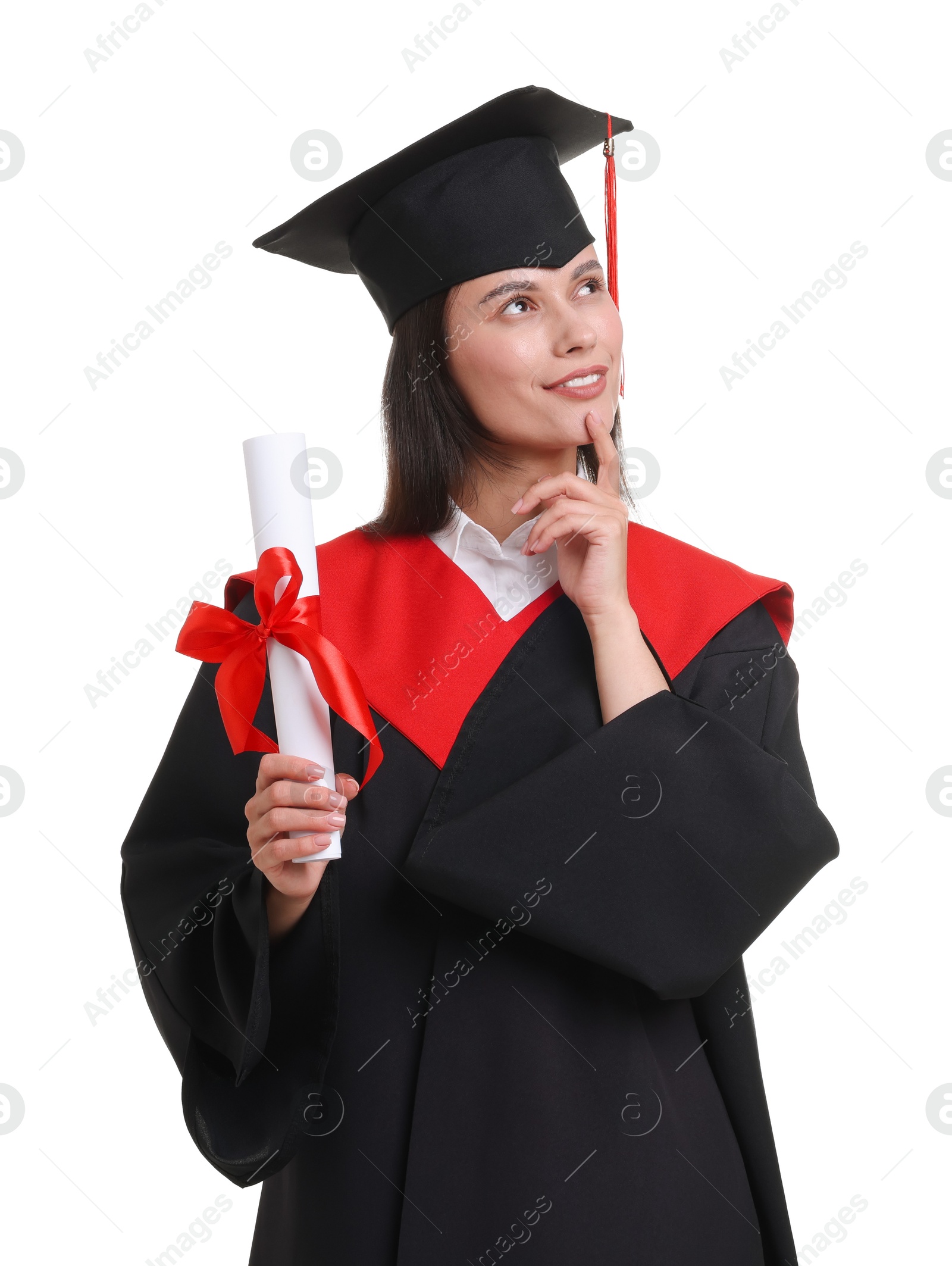 Portrait of happy young woman in graduation gown and mortarboard with diploma on white background Photo of Portrait of happy young woman in graduation gown and mortarboard with diploma on white background