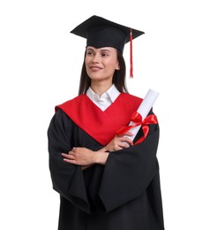 Photo of Portrait of happy young woman in graduation gown and mortarboard with diploma on white background