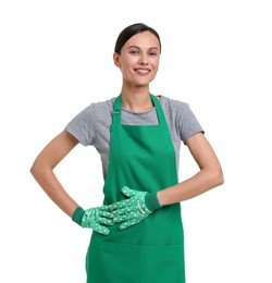 Photo of Portrait of gardener in apron and gloves on white background