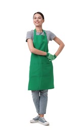 Photo of Gardener in apron and gloves on white background