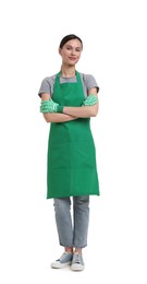 Photo of Gardener in apron and gloves on white background