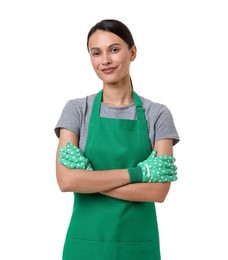 Photo of Portrait of gardener in apron and gloves on white background