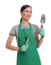 Photo of Portrait of gardener in apron with tools on white background