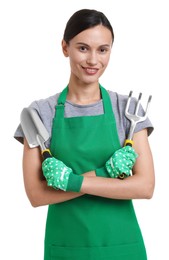 Photo of Portrait of gardener in apron with tools on white background