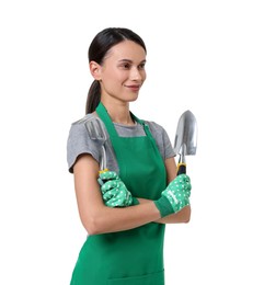 Photo of Portrait of gardener in apron with tools on white background