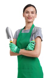 Photo of Portrait of gardener in apron with tools on white background