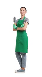 Photo of Gardener in apron with tools on white background
