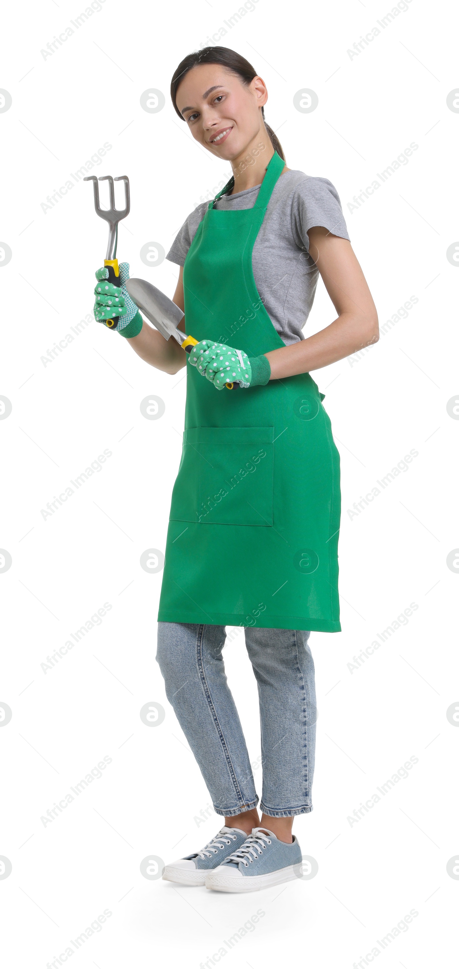 Photo of Gardener in apron with tools on white background