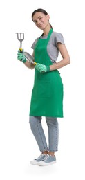 Photo of Gardener in apron with tools on white background