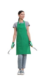Photo of Gardener in apron with tools on white background