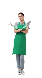 Photo of Gardener in apron with tools on white background