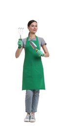 Photo of Gardener in apron with tools on white background