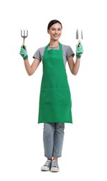 Photo of Gardener in apron with tools on white background