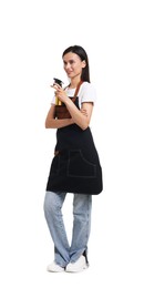 Photo of Hairdresser in apron with spray bottle on white background