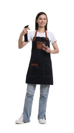 Photo of Hairdresser in apron with scissors and spray bottle on white background