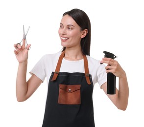 Photo of Portrait of hairdresser in apron with scissors and spray bottle on white background