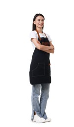 Photo of Young hairdresser in apron on white background