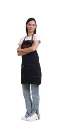 Photo of Young hairdresser in apron on white background