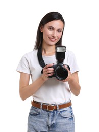 Photo of Portrait of photographer with professional camera on white background