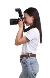 Photo of Portrait of photographer with professional camera on white background