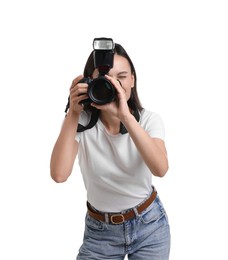 Photo of Photographer with professional camera on white background