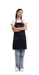 Photo of Young hairdresser in apron on white background
