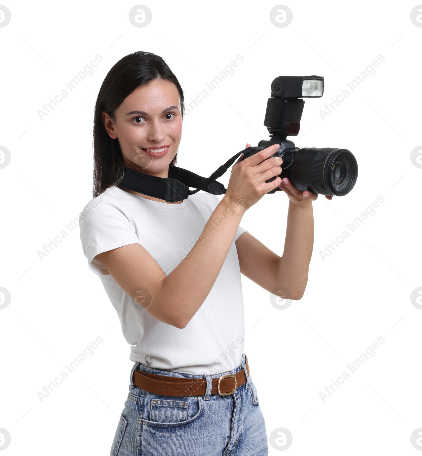 Photo of Portrait of photographer with professional camera on white background