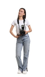 Photo of Photographer with professional camera on white background