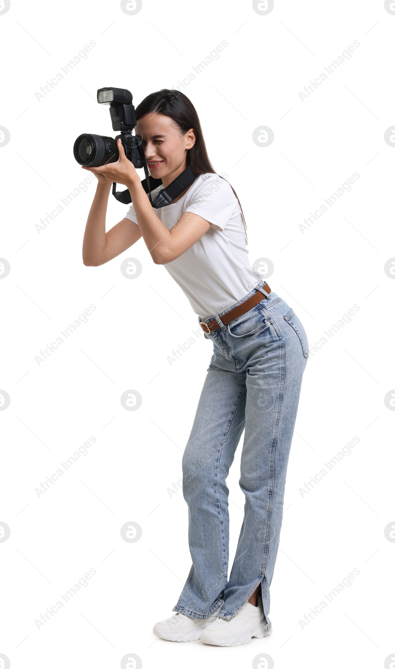 Photo of Photographer with professional camera on white background