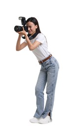 Photo of Photographer with professional camera on white background
