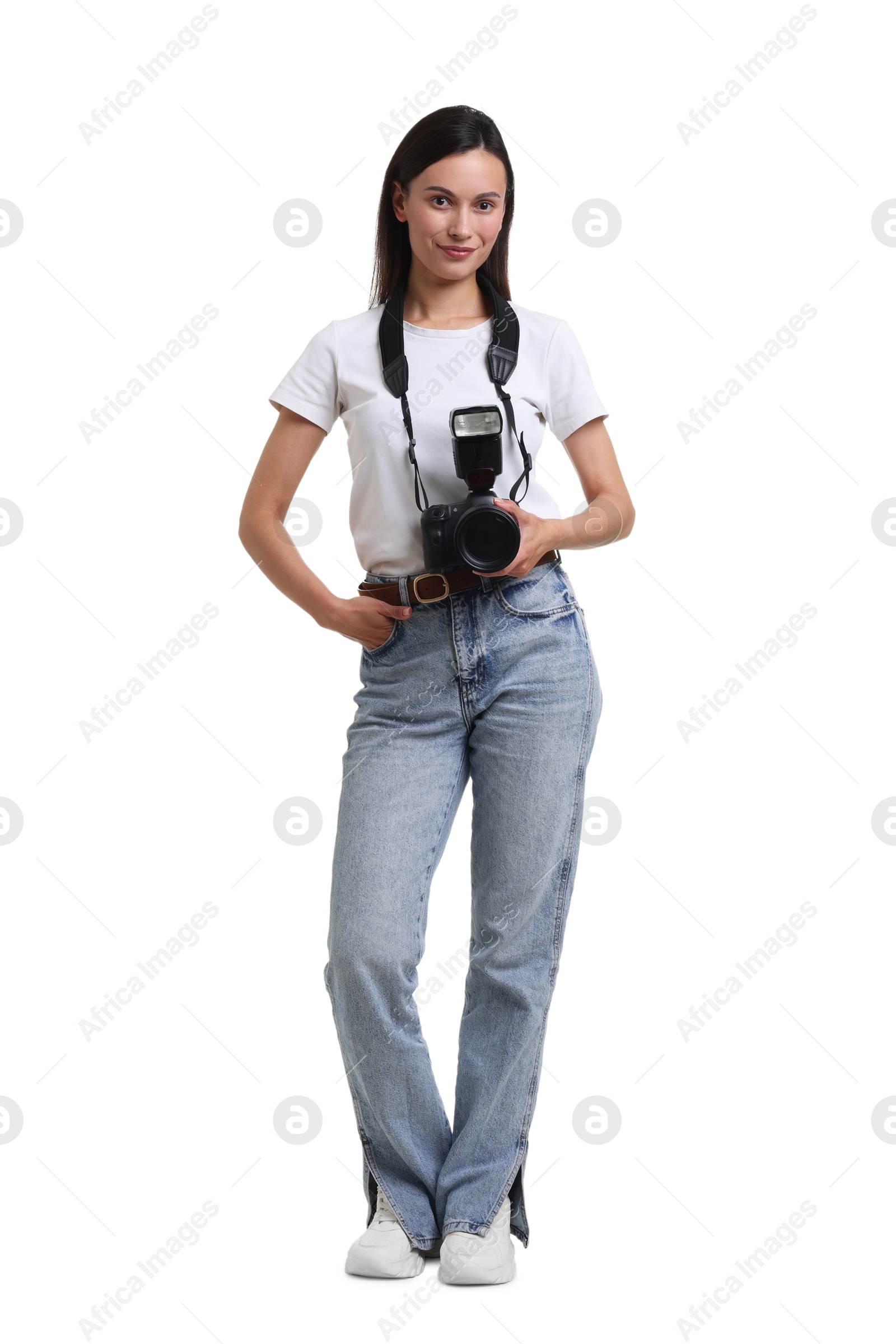 Photo of Photographer with professional camera on white background