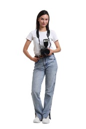 Photo of Photographer with professional camera on white background