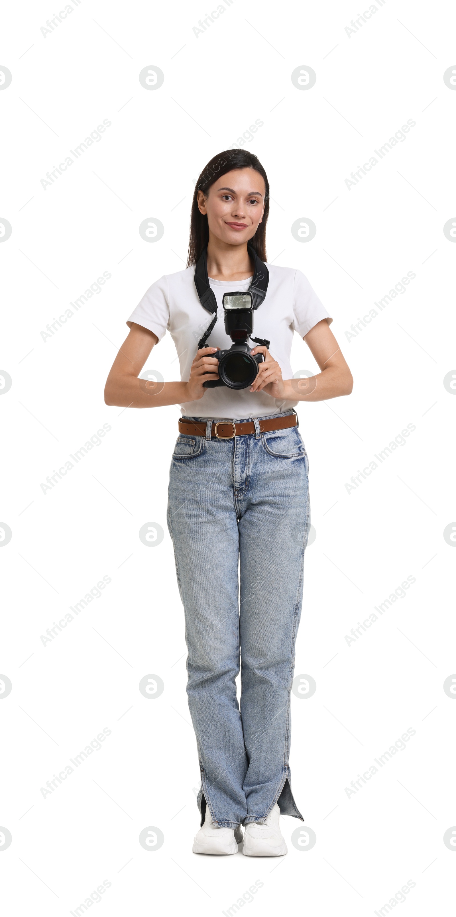 Photo of Photographer with professional camera on white background