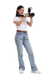 Photo of Photographer with professional camera on white background