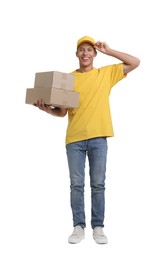 Photo of Young courier with parcel on white background